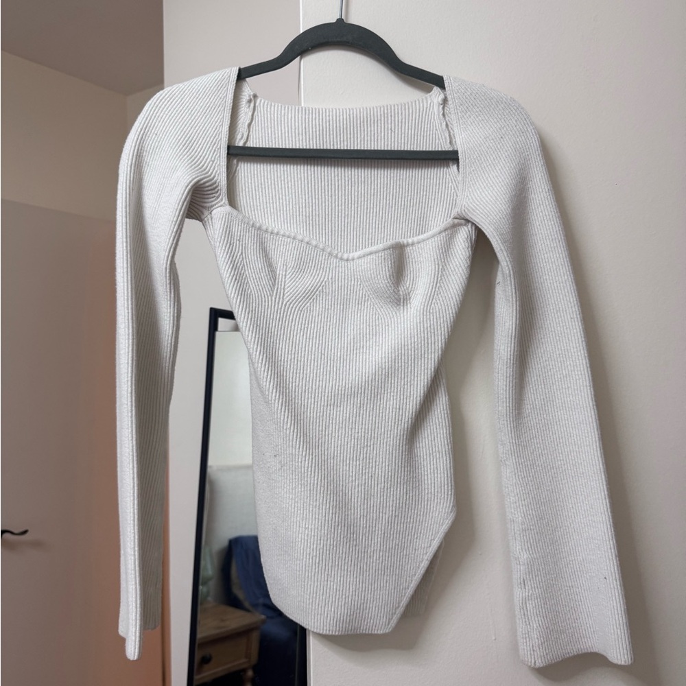 White Ribbed Long Sleeve Bodysuit